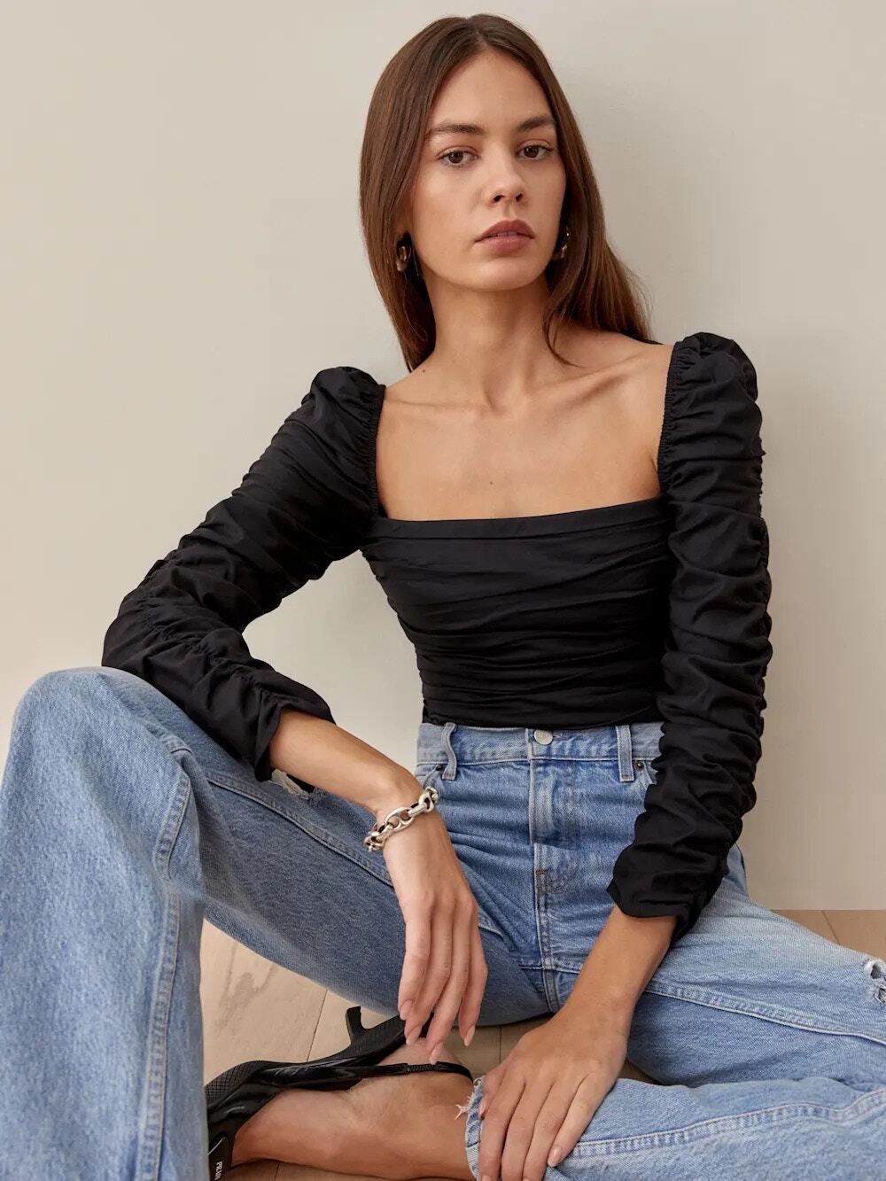 New Reformation Joi Ruched Smocked Long Sleeve Top - Black - Size 12